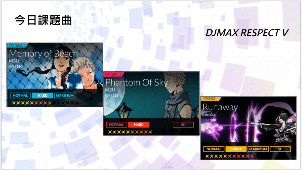 今日課題曲
DJMAX RESPECT V

Memory of Beach
Phantom Of Sky
Runway